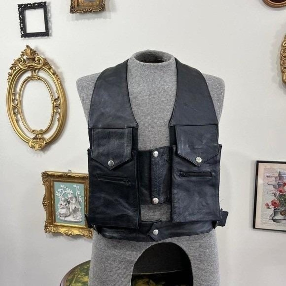 Vintage Black Leather Utility Vest with Pocket Detail mens large